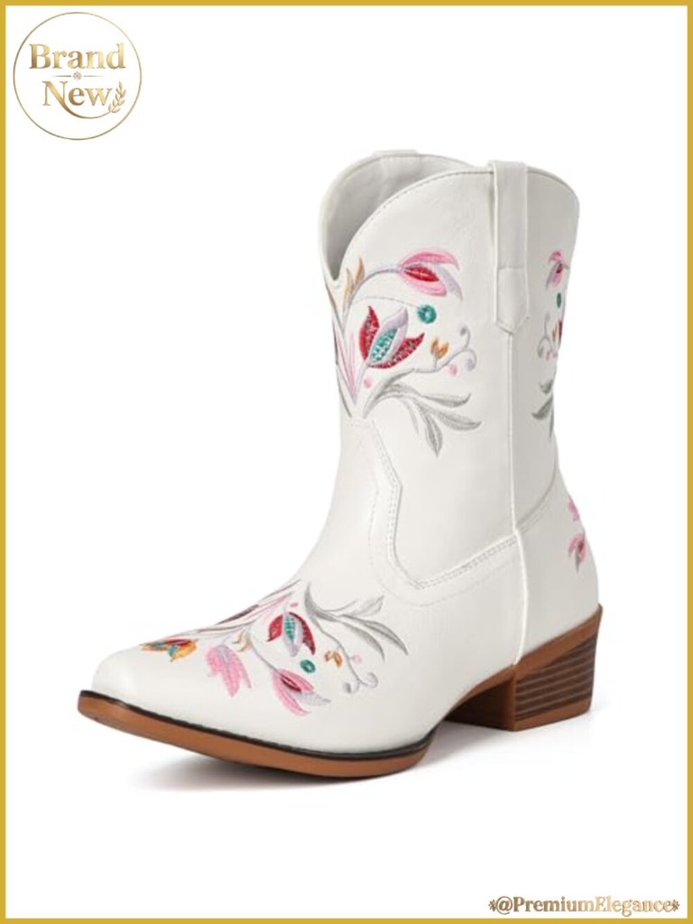 Fioralie Women's Western Flower Embroidered Ankle Cowboy Boots PU Leather